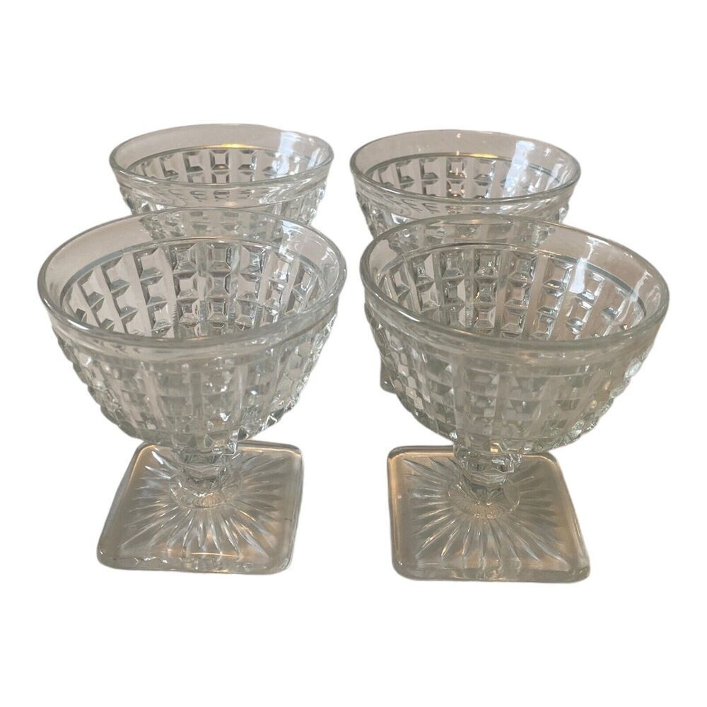 Set of 4 Imperial Monticello Waffle Crystal Glass Sherbets w Square Base - Picture 5 of 8